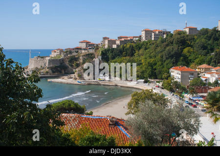 Stari Grad (Old Town) and Mala Plaza (Small Beach) in Ulcinj, Montenegro, historically a base for pirates in the Mediterranean Stock Photo