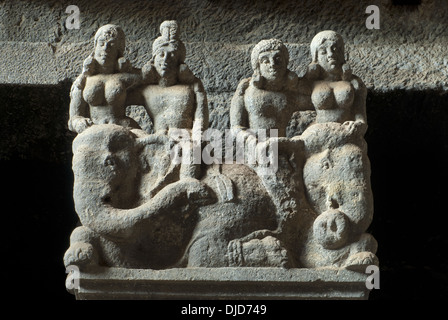 Pillar details in chaitya hall. Picture shows close view of the elephant riders. Karla Caves, dist Pune, Maharashtra India. Stock Photo