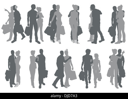 High quality detailed silhouettes of a young couple out having fun shopping Stock Photo