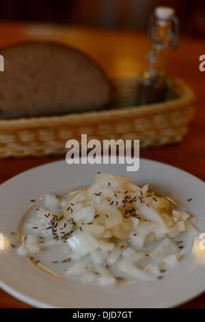 A plate of sour milk cheese with onions (Handkäse) and vinegar are on a plate in a typical Frankfurt cider tavern on 21.11.2013. Photo: Frank May Stock Photo