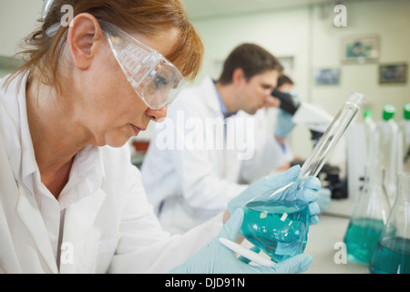 Mature female scientist looking at an erlenmeyer flask Stock Photo