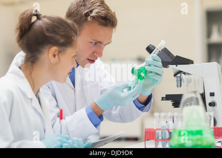 Two focused students looking through microscope and taking notes Stock Photo