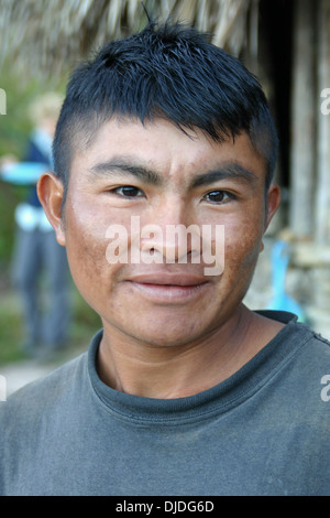 A male sherpa guide that carries the wicker baskets up the mountains and Tepuis in Venezuela. Stock Photo