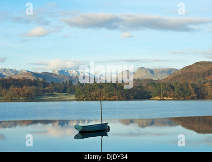 Sailing dinghy moored near Waterhead, Lake Windermere, Lake District National Park, Cumbria, England UK Stock Photo