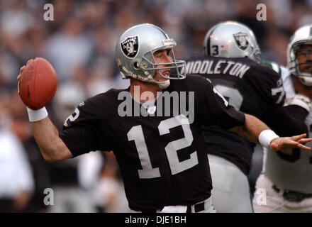 Jan 12, 2003; Oakland, CA, USA; Oakland Raiders quarterback Rich Gannon prepares to throw a pass during the second quarter quarter of their AFC divisional playoff game on Sunday, January 12, 2003 at Network Associates Coliseum in Oakland, Calif. The Raiders beat the New York Jets 30-10. Stock Photo