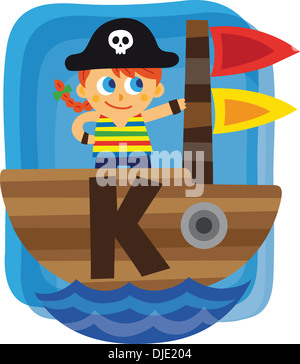 Illustration of girl dressed as pirate in sailboat with letter K Stock Photo