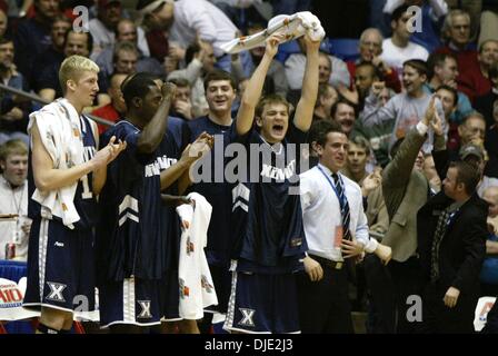 Mar 11, 2004; Dayton, OH; USA; The Musketeers celebrate with seconds winding down as they complete an 87-67 upset win over No. 1 St. Joseph's in the Atlantic 10 tournament. Stock Photo