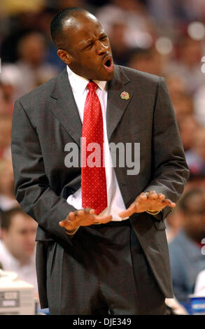 Mar 26, 2004; St. Louis, MO, USA; UAB head coach MIKE ANDERSON tries Friday night March 26, 2004 at the Edward Jones Dome in St. Louis, Mo. to calm his team during the first half their Sweet 16 game against the Kansas Jayhawks. Stock Photo