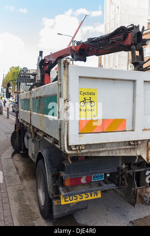 Sign on a large lorry warning cyclists to stay back, UK Stock Photo