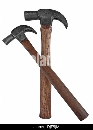 two vintage carpenter hammers isolated over white background Stock Photo