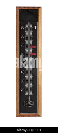 vintage wall mount black enamel on wood indoor thermometer isolated on white Stock Photo