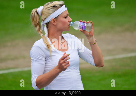 Maria Kirilenko (Russia) drinking water between games. Eastbourne 2013 Stock Photo