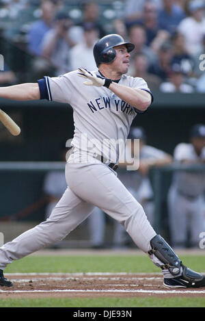 Jun 22, 2004; Baltimore, MD, USA; Yankees' JASON GIAMBI watches a fly ball out in the 1st inning during the New York Yankees v. Baltimore Orioles baseball game, Tuesday June 22, 2004 at Camden Yards in Baltimore, MD. New York defeated Baltimore 10-4. Stock Photo