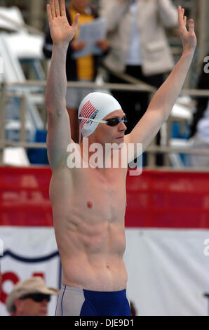 Jul 08, 2004; Long Beach, CA, USA; San Antonio's JOSH DAVIS acknowledges the audience at the Olympic trials before the start of his preliminary heat in the 200 meter freestyle. Stock Photo