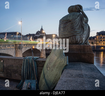 Helvetia Statue at Middle Bridge over Rhine River , Basel, Switzerland Stock Photo