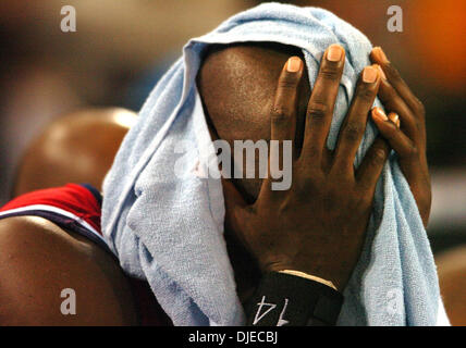 Aug 15, 2004; Athens, GREECE; Lamar Odom puts his head in  his hands as the U.S. men's basketball team loses it first Athens  Olympics 2004 game to Puerto Rico. Stock Photo