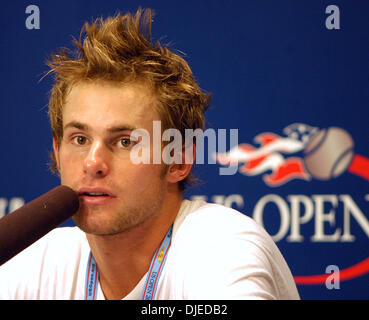 Aug 28, 2004; Flushing Meadows, NY, USA; Tennis Star ANDY RODDICK talks to the press at the 2004 Arthur Ashe Kids Day Ceremony at the US Open Stadium  in Flushing Meadows, NY on Saturday August 28, 2004. Stock Photo