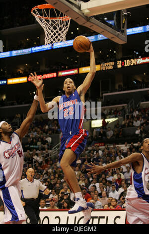 Nov 08, 2004; Los Angeles, CA, USA; Detroit Pistons' TAYSHAUN PRINCE goes to the basket over Los Angeles Clippers' CHRIS WILCOX during the game Detroit Pistons' 99-96 double overtime victory over the Los Angeles Clippers at Staples Center. Stock Photo