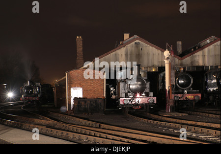 GWR 1400 Class 0-4-2T No. 1466 & 7800 Class 4-6-0 No.7808 Cookham Manor on shed at Didcot during the night Stock Photo