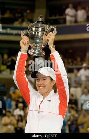 Sep 08, 2007 - New York, NY, USA - JUSTINE HENIN (BEL) holds her trophy. Henin defeated Svetlana Kuznetsova (RUS) 6-1/6-3 to win the US Open Women's Singles title. (Credit Image: © Fred Mullane/ZUMA Press) Stock Photo