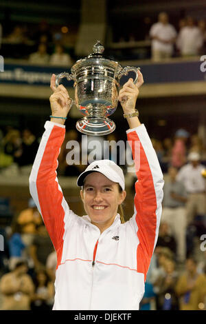 Sep 08, 2007 - New York, NY, USA - JUSTINE HENIN (BEL) holds her trophy. Henin defeated Svetlana Kuznetsova (RUS) 6-1/6-3 to win the US Open Women's Singles title. (Credit Image: © Fred Mullane/ZUMA Press) Stock Photo