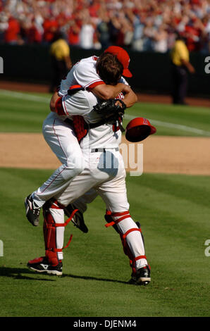 Anaheim Angels pitcher Francisco Rodriguez, right, gets a hug from ...