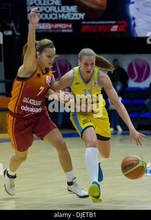 Group C, 4th round European League, basketball women match: ZVVZ USK Praha vs Galatasaray Istanbul on November 27, 2013. From left: Yasemen Saylar of Galatasaray and Katerina Elhotova of USK. (CTK Photo/Vit Simanek) Stock Photo