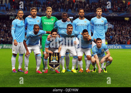 The Manchester City team line up during the UEFA Champions League match ...