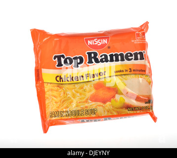 Unopened package of chicken flavor Nissin Top Ramen Instant Noodle soup on white background cutout. USA Stock Photo