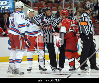 Jan 29, 2008 - Raleigh, North Carolina, USA - Carolina Hurricanes (24) SCOTT WALKER and New York Rangers (16) SEAN AVERY have an altercation before the start of the game. The Carolina Hurricanes defeated the New York Rangers with a final score of 3-1 at the RBC Center located in Raleigh. (Credit Image: © Jason Moore/ZUMA Press) Stock Photo