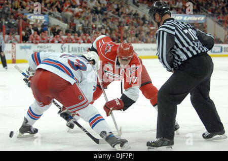 Jan 29, 2008 - Raleigh, North Carolina, USA - Carolina Hurricanes (17) ROD BRIND'AMOUR faces off with New York Rangers (23) CHRIS DRURY. The Carolina Hurricanes defeated the New York Rangers with a final score of 3-1 at the RBC Center located in Raleigh. (Credit Image: © Jason Moore/ZUMA Press) Stock Photo