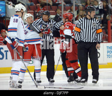 Jan 29, 2008 - Raleigh, North Carolina, USA - Carolina Hurricanes (24) SCOTT WALKER and New York Rangers (16) SEAN AVERY have an altercation before the start of the game. The Carolina Hurricanes defeated the New York Rangers with a final score of 3-1 at the RBC Center located in Raleigh. (Credit Image: © Jason Moore/ZUMA Press)