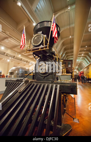 An 1858 Rogers wood-burning locomotive on display at the Henry Ford Museum. Stock Photo