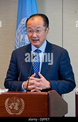 New York, NY, USA . 27th Nov, 2013. World Bank President Jim Yong Kim attends a joint press conference with UN Secretary-General Ban Ki-moon (not in picture) at the UN headquarters in New York, on Nov. 27, 2013. The United Nations and the World Bank on Wednesday announced a concerted effort by governments, international agencies, civil society and the private sector to scale up financing to provide sustainable energy for all, with UN Secretary-General Ban Ki-moon calling for massive new investments in the face of a rising 'global thermostat. Credit:  Xinhua/Alamy Live News Stock Photo
