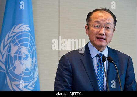 New York, NY, USA . 27th Nov, 2013.World Bank President Jim Yong Kim attends a joint press conference with UN Secretary-General Ban Ki-moon (not in picture) at the UN headquarters in New York, on Nov. 27, 2013. The United Nations and the World Bank on Wednesday announced a concerted effort by governments, international agencies, civil society and the private sector to scale up financing to provide sustainable energy for all, with UN Secretary-General Ban Ki-moon calling for massive new investments in the face of a rising 'global thermostat. Credit:  Xinhua/Alamy Live News Stock Photo