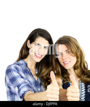 Beautiful girl with thumbs up, isolated against a white background ...