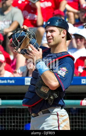 Twins catcher Joe Mauer #7 hits a game tying home run in the top of the 9th  inning during the game between the Minnesota Twins vs Philadelphia Phillies  at Citizens Bank Park