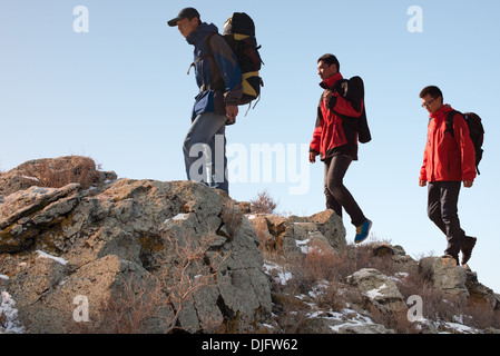 Trekking in mountains, greet the morning sun Stock Photo