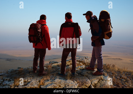 Trekking in mountains, greet the morning sun Stock Photo