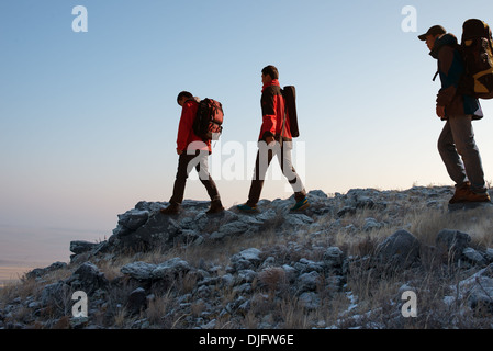 Trekking in mountains, greet the morning sun Stock Photo