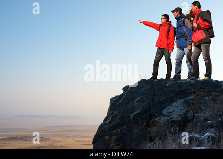 Trekking in mountains, greet the morning sun Stock Photo