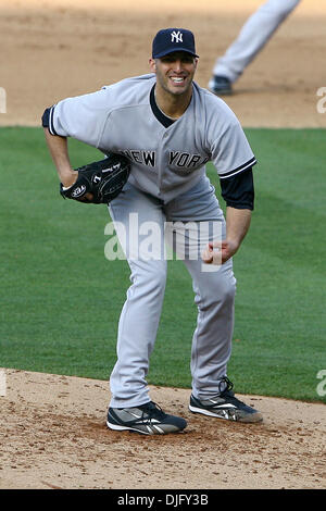 27 Jun  2010:  New York Yankee pitcher Andy Pettitte grimaces after giving up a hit to Los Angeles Dodger center fielder Reed Johnson in the botto of the fourth inning.  The Yankees would go on to win the game 8-6 in extra innings. (Credit Image: © Tony Leon/Southcreek Global/ZUMApress.com) Stock Photo