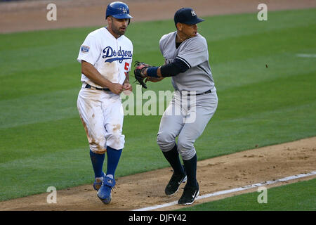 27 Jun  2010:  Los Angeles Dodger center fielder Reed Johnson gets caught in a run down, and is chased by New York Yankee third baseman Alex Rodriguez in the bottom of the sixth inning. (Credit Image: © Tony Leon/Southcreek Global/ZUMApress.com) Stock Photo