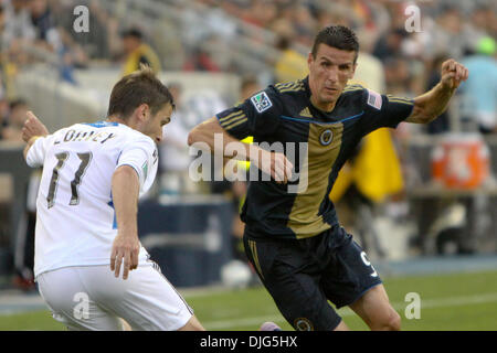 Philadelphia Union midfielder Sebastien Le Toux (#9) and San Jose Earthquakes midfielder Bobby Convey (#11) fight for the ball during the match at PPL Park in Chester, PA. The Union lost 2-1. (Credit Image: © Kate McGovern/Southcreek Global/ZUMApress.com) Stock Photo