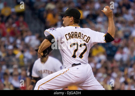 17 July 2010: Pittsburgh Pirates relief pitcher D.J. Carrasco (77) fires a pitch to the plate during the National League game between the Houston Astros and the Pittsburgh Pirates.  The Pirates defeated the Astros 12-6 before 36,665 fans at PNC Park in Pittsburgh PA.  Mandatory Credit: Frank Jansky / Southcreek Global (Credit Image: © Frank Jansky/Southcreek Global/ZUMApress.com) Stock Photo