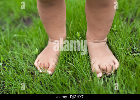Small baby feet on the green grass. Stock Photo