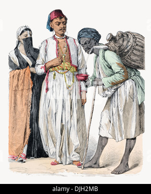 19th century XIX Egyptian couple buying a drink from a Water Seller in Port Said Stock Photo