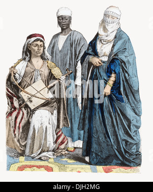 19th century XIX Egyptian Bedouin female musician African slave and a Muslim lady in street costume Cairo Stock Photo