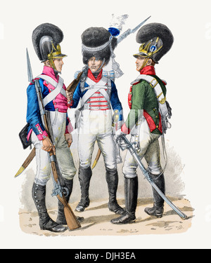 Early 19th century XIX  Bavarian military Left to right Infantry grenadier and cavalry Stock Photo
