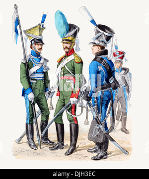 Early 19th century XIX  Bavarian military Left to right lancer, cavalryman, and hussar Stock Photo